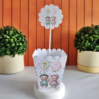 (10 a 20un) Centro de Mesa - Tema Chá Revelação Ursinhos Rosa e Verde