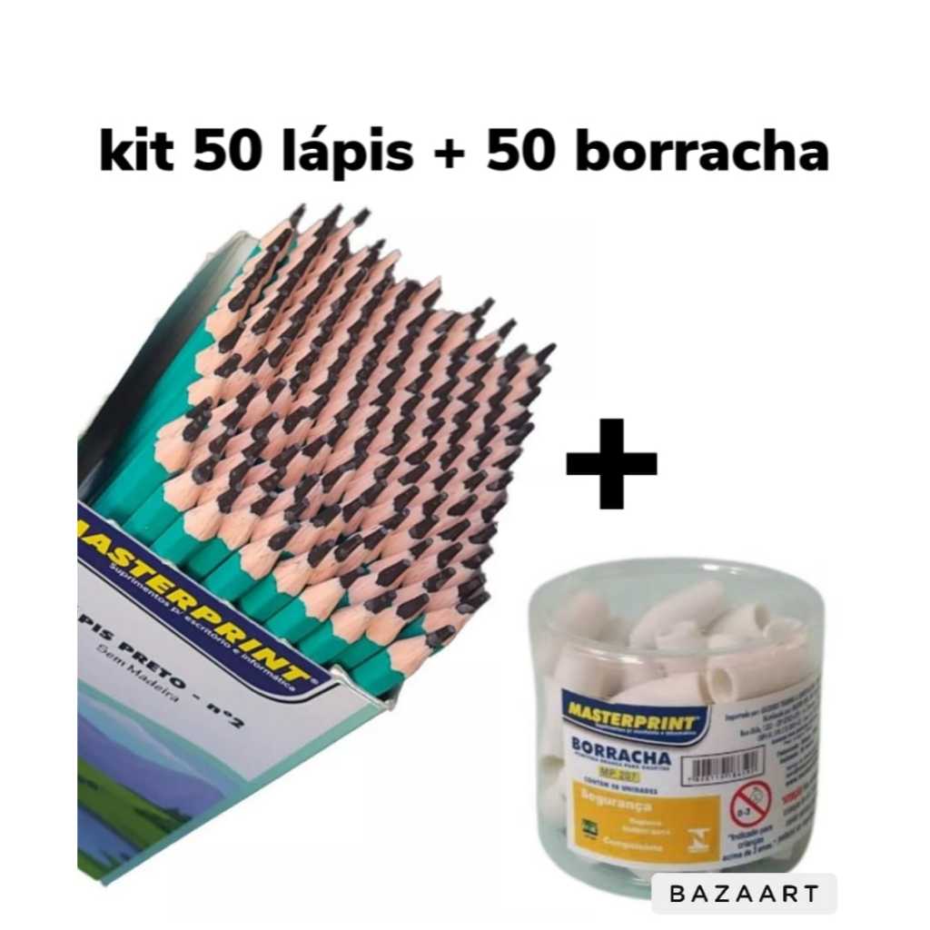 Kit 50 lápis de Escrever Nº2 Preto + 50 Borracha Escolar Ponteira ...