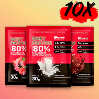 10x 80% WHEY PROTEIN CONCENTRADO Sachês de 30g - Growth Suplementos Beijinho Caramelo Chocolate com Amendoim Milk Shake Morango Branco Cookies & Cream Leite em Pó Morango Natural Sorvete de Creme Baunilha Brigadeiro Doce Cappuccino Torta Mousse Maracujá