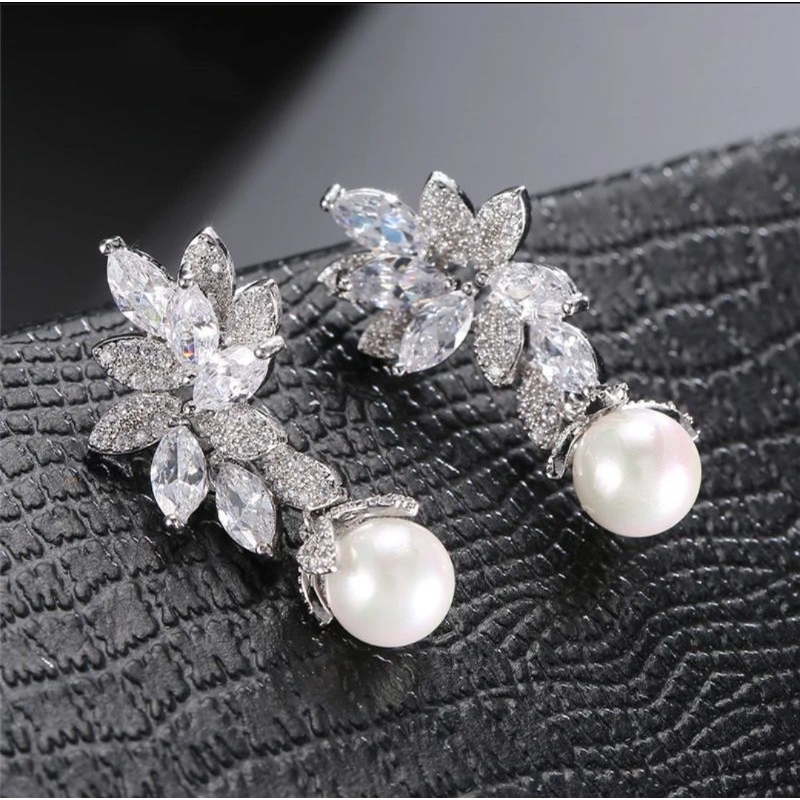 Brinco Feminino prata com zircônias e Pérola luxo noiva festa casamento ...