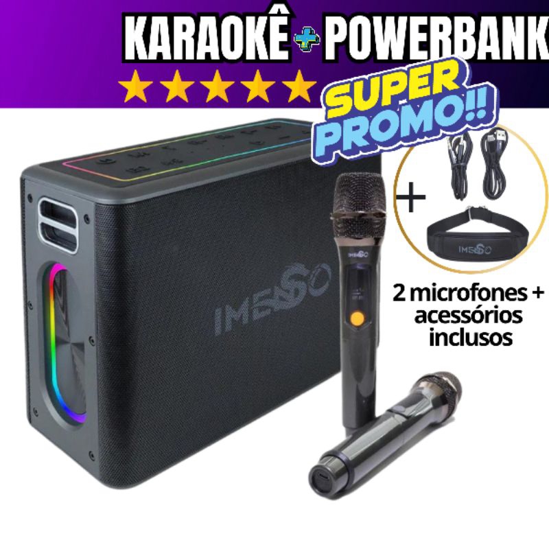 Caixa de Som Bluetooth Karaokê 2 Microfones Sem Fio RGB resistente a agua IPX4 TWS Imenso X32