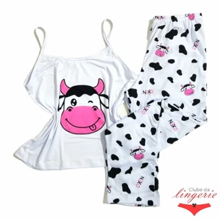 Pijama Vaquinha Feminino Adulto Vaca Com Calça E Regata Em Suede Modinha
