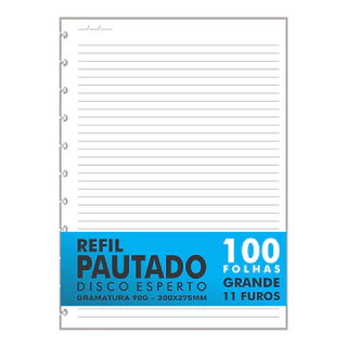Refil Caderno Discos / Inteligente com Pauta 100 Folhas Grande 11 Furos 90g Miolo