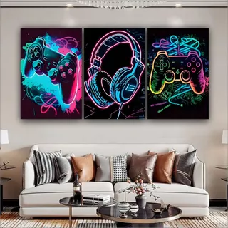 Quadro Decorativo Gamer Video Game Neon Sala Quarto 3 peças