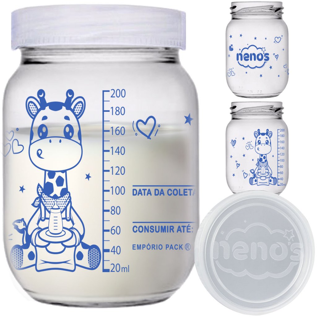 3 Potes de Vidro Armazenar Leite Materno ou Papinha com Graduação 200ml - (GIRAFA 267ML)