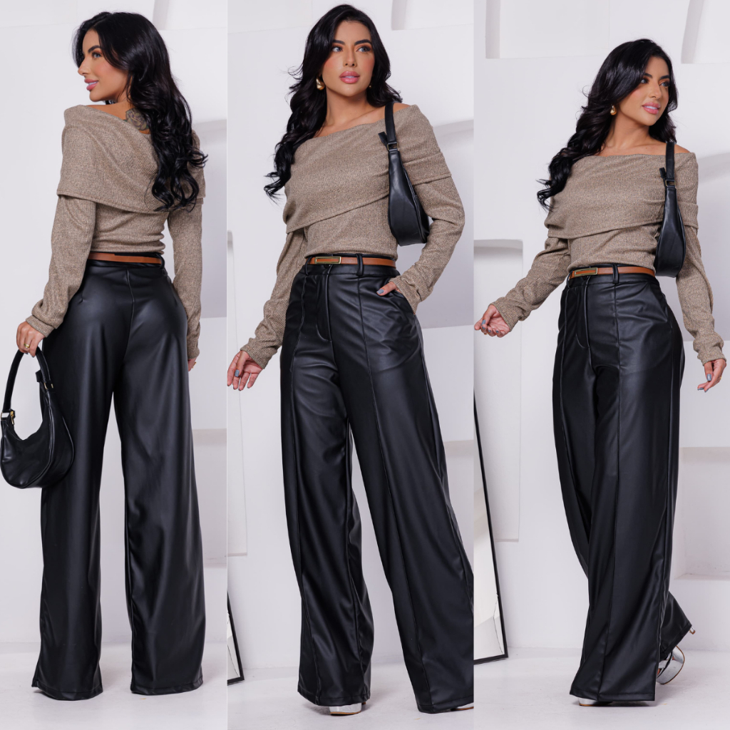 CALÇA PANTALONA FEMININA COURO FAKE COM CINTO INCLUIDO CALÇA