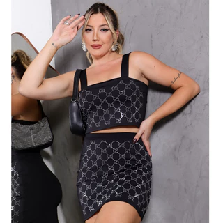 Conjunto Feminino preto Brilho Pedraria Strass Virginia com bojo