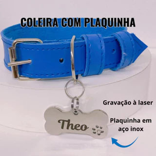 Coleira colar em couro sintético para cachorro cão com plaquinha de identificação pet