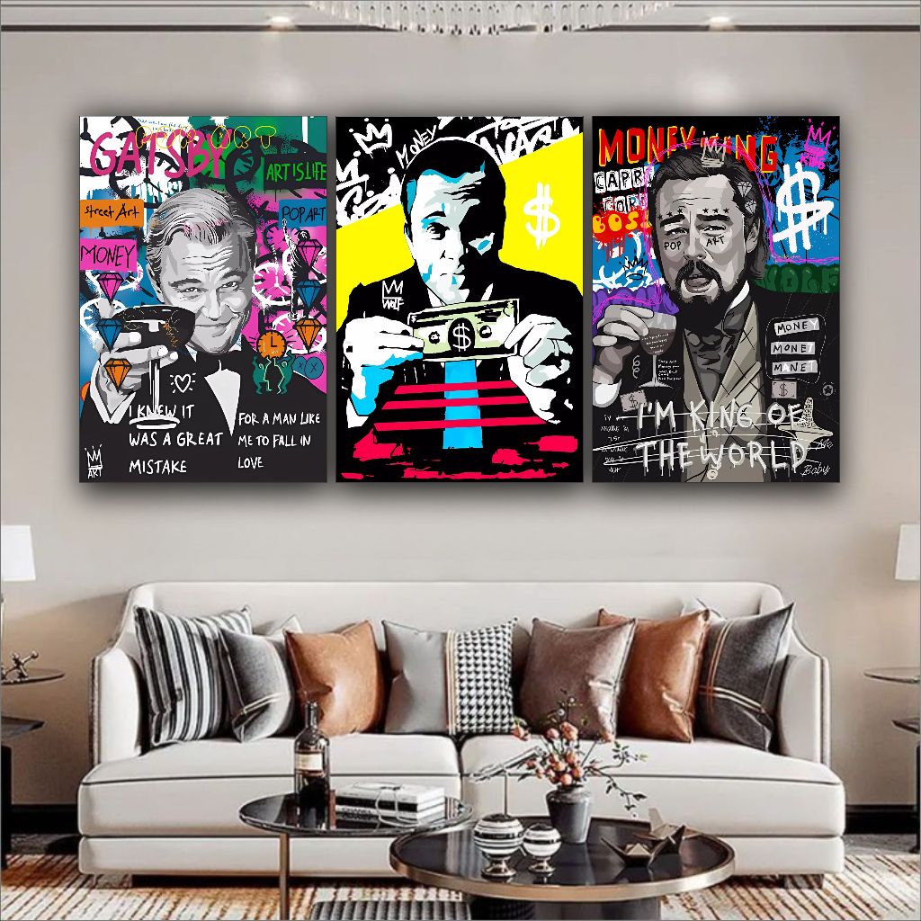 Quadro Decorativo Leonardo DiCaprio Lobo De Wall Estilo 3 peças