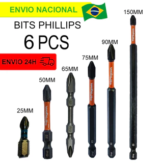 Bits Phillips Imantado Ph2 de impacto Kit 6 Pcs Tamanho 25-50-65-75-90-150mm