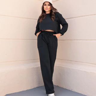 Conjunto Moletom Feminino Cropped Com Calça Pantalona Inverno e Outono Gringa Estilo