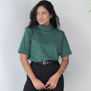 T-Shirt Feminina Camiseta Gola Alta 100% Algodão Básica Lisa Várias Cores