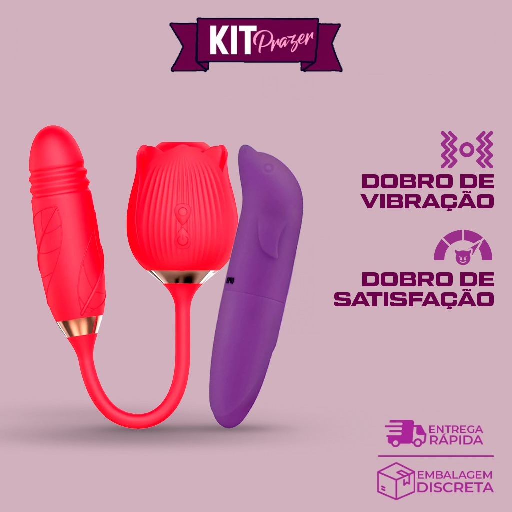 Kit Vibrador Sugador Feminino Recarregável Em Formato De Rosa + Vibrador Golfinho Ponto G