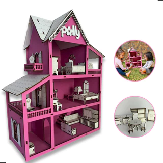 Casa Casinha De Boneca + Kit 30 Moveis Em Mdf Pintado Rosa Polly
