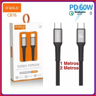 Cabo c Turbo 60W USB-C Para Tipo C Pontas 1 e 2 Metros original A'GOLD Carregamento Rápido