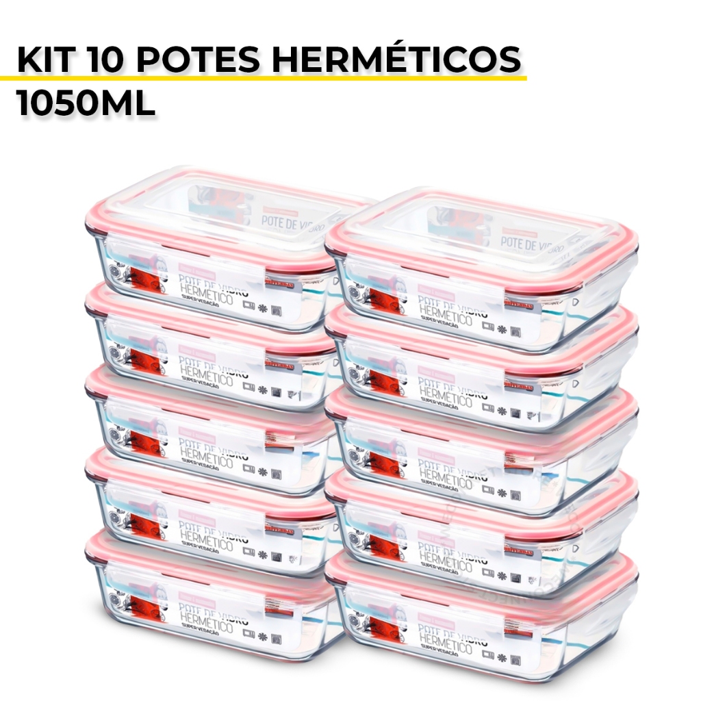 Kit 10 Potes De Vidro Hermético Grande Marmita Tampa Silicone 1050ml