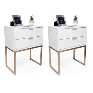 Kit Mesa De Cabeceira Branca Industrial Eco 40cm 2 Gavetas Base Dourado Já Montado