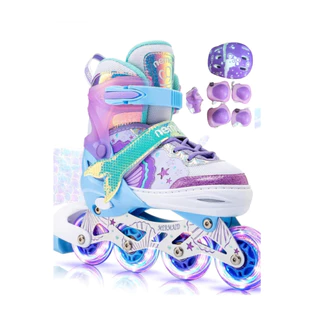 Patins Inline Infantil Sereia + Kit Proteção Rodas Em Led