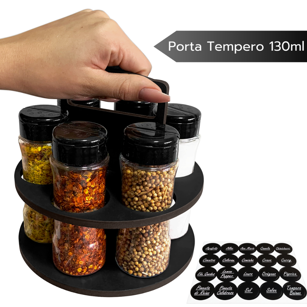 Porta Tempero MDF 6mm com Alça e Potes para Tempero Especiarias 130ml com Tampa Dosadora Dupla