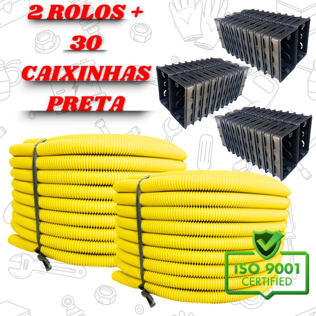 Kit 2 conduite corrugado, canduite reforçado + 30 caixinhas Preta