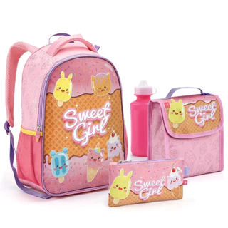 Mochila Feminina Infantil Kit 5 Peça + Lancheira Térmica + Estojo + Garrafinha Voltas Aulas