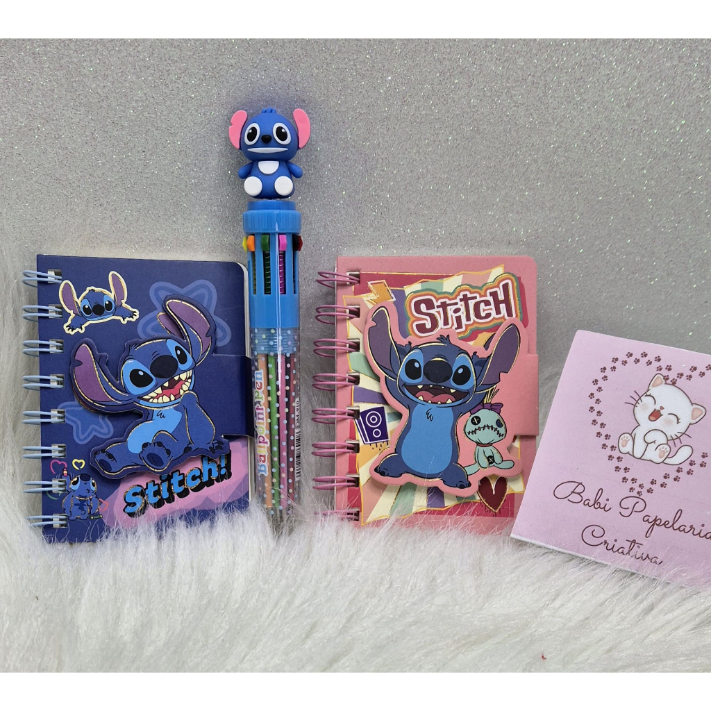 Kit Bloquinho de Anotações e caneta 10 cores do Stitch