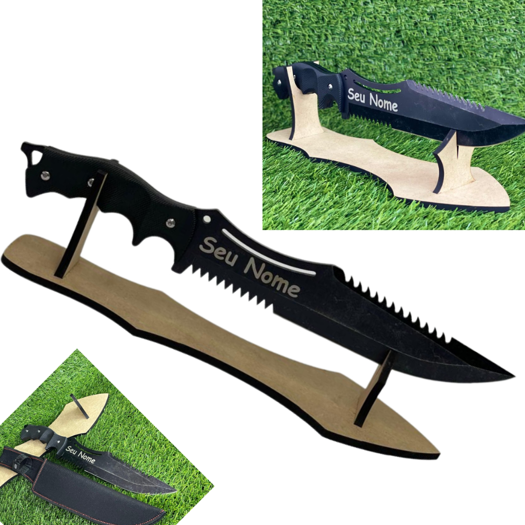 Faca Militar Rambo Pesca Camping Trilha Personalizada Com nome e Suporte em MDF