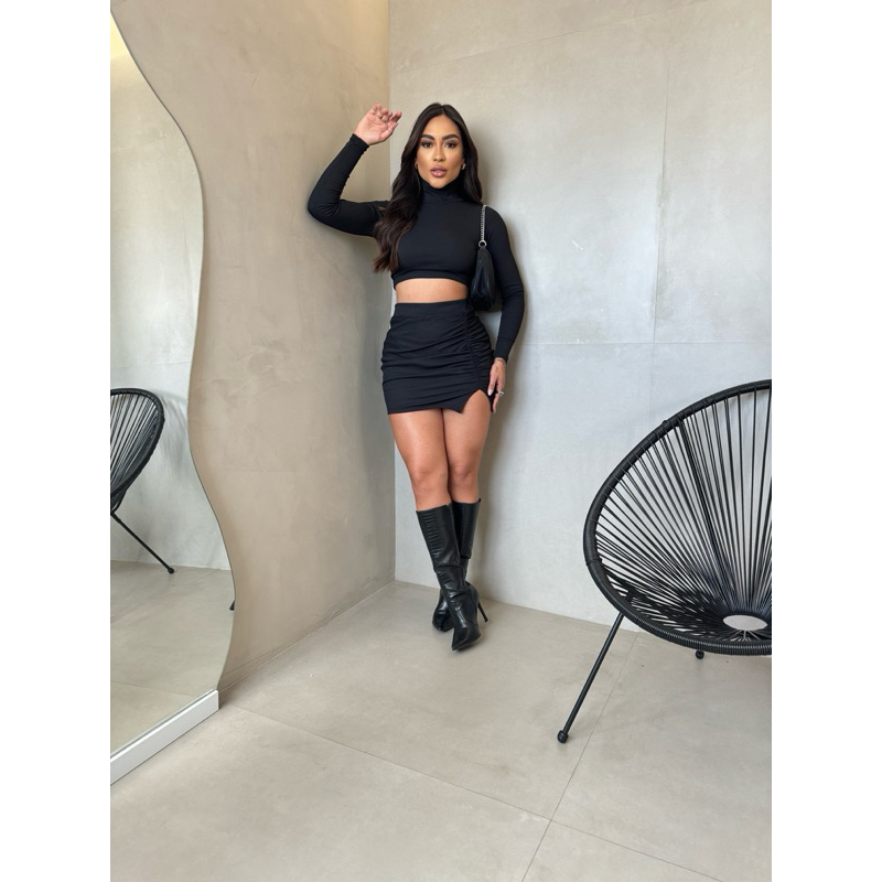 Conjunto Feminino Short Saia e Cropped Manga Longa Inverno