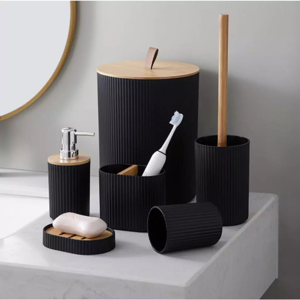 Kit de Bambu Para Banheiro Conjuto Lavabo Saboneteira Lixo Porta Escova Cotonete Acessórios 4 ou 6 peças