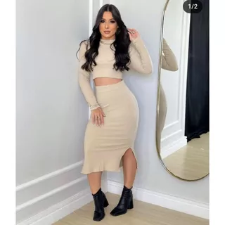 Conjunto Feminino Manga longa e Saia Midi com Fenda lateral