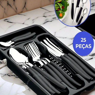 Jogo de Talheres 25 Peças Cabo de Plástico Aço Inox Conjunto Faqueiro com Porta Garfos Facas e Colheres Utensilio De Cozinha