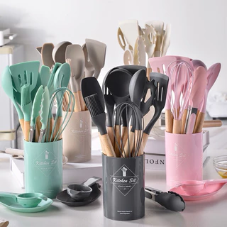 Conjunto de cozinha com 12 peças de silicone, talheres e copos Suporte de cozinha com cabo de madeira BOMMAX-BM-A573