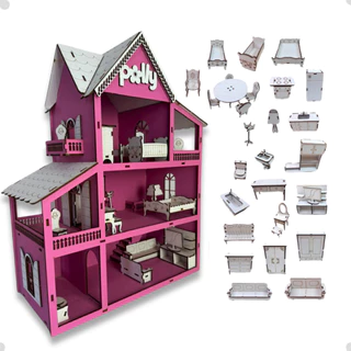 Casinha de Boneca 60cm com Moveis MDF Brinquedo Casa Bonecas Pequena Enfeite e Brincadeira