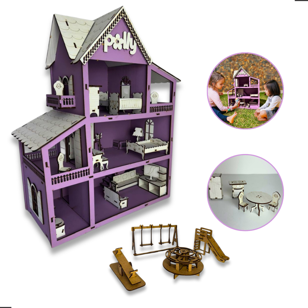 Kit Casinha Boneca pequenas com moveis acompanha parquinho 43x33x15cm infantil