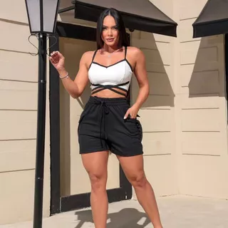 Kit Cropped Cruzado + Short Cargo Feminino Top Faixa Alças Elásticos Finas Canelado