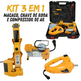 Macaco Elétrico + Chave Roda + Compressor 12v Completo 3 em 1