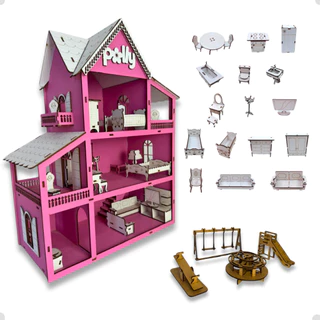 Casinha Casa de boneca mdf 45x13cm + 19 Mini Moveis Pequenos Acompanha  Parquinhos em mdf em Oferta na Shopee