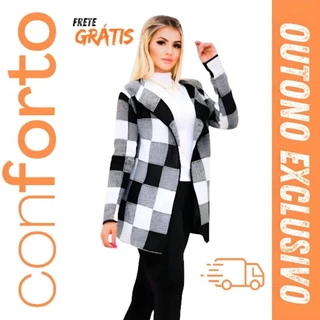 Cardigan Xadrez Sobretudo tricot Lã Inverno Gola Chic tricô Feminino Premium