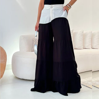 Calça Feminina Pantalona Linho e Viscose Cintura Alta