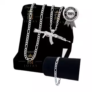 Corrente Masculina Mais Pulseira Banhada Prata Com Pingente AK47 Dia dos Pais Presente RN0006