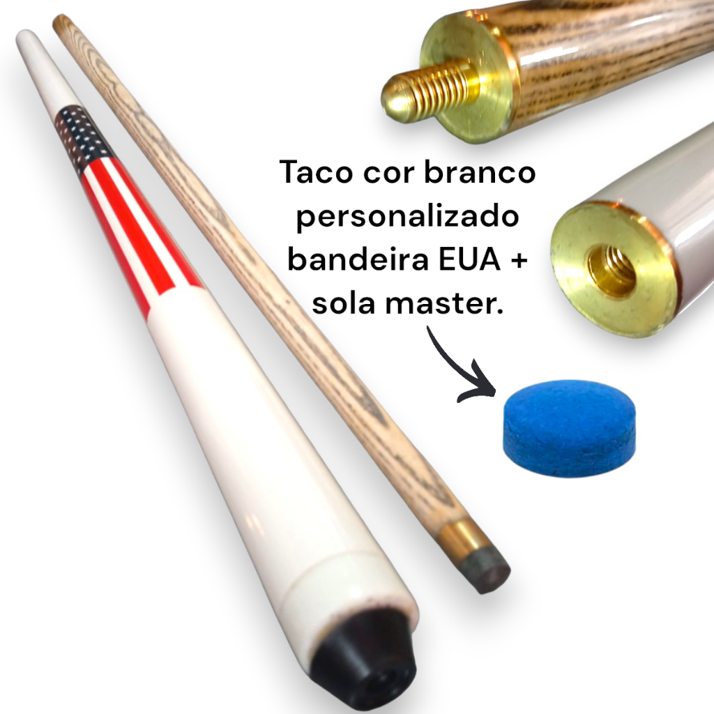 Taco de sinuca Profissional Bipartido cor branco personalizado + 1 sola ...