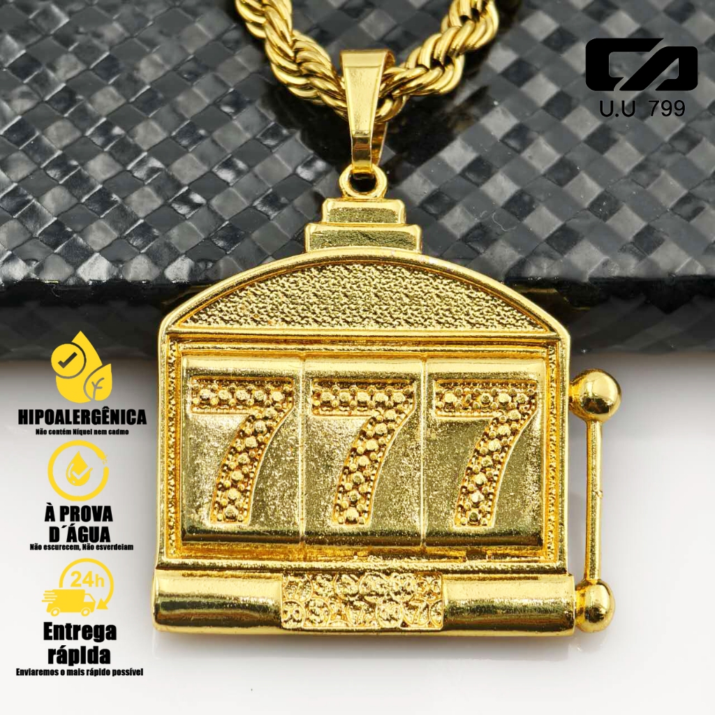 colar.Conjunto – Corrente Baiana 10mm e Pingente de Boa Sorte Cassino 777, 3 Tamanhos.moda.de ouro