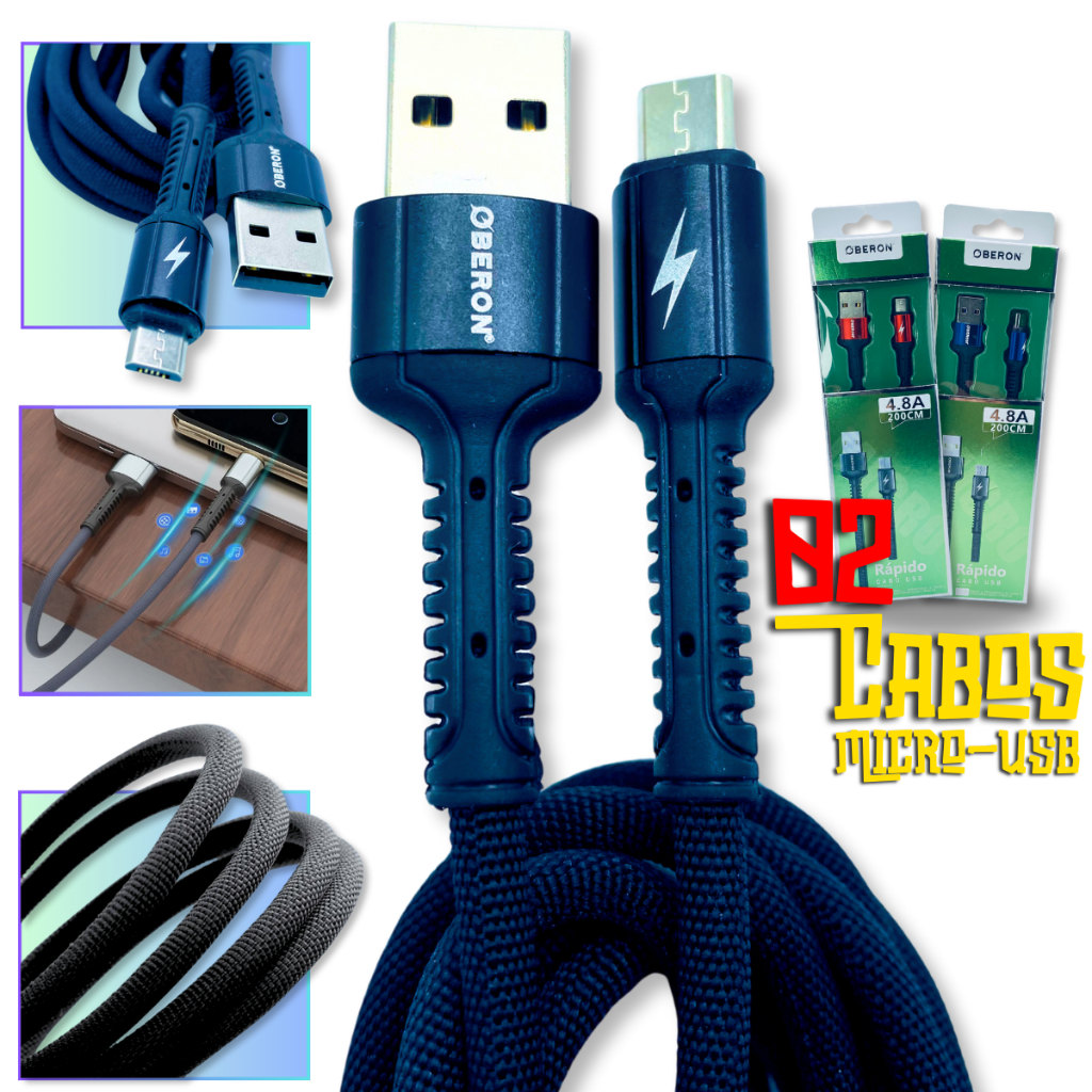 02 Cabo Micro-usb Turbo 4.8a 2 Metros V8 Carregar Celular V8