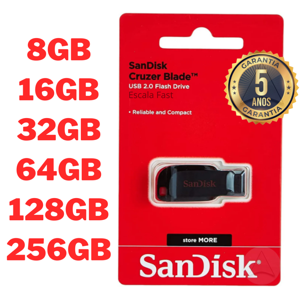Pen Drive Vermelho Sandisk Original 128GB 64GB 32GB 16GB 8GB Cruzer Blade 2.0 Flash Garantia 5 Anos