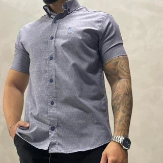 Camisa Social Masculina Manga Curta Slim Fit Luxo Detalhada