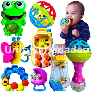 Kit Brinquedo Bebe Chocalho Mordedor Silicone Macio Bola Colorida 8 Peças Presente Para Menina e Menino Móbile para Berço Giratório Pendurar Tapete Térmico Carrinho de Bebê Chocalhos Buba Musical de Mão Avent 0 8 meses 1 ano Rosa Azul Educativos Plástico