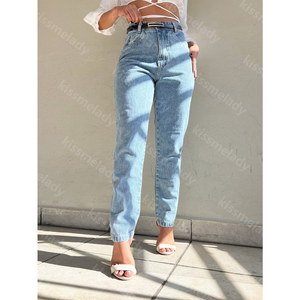 KISSMELADY 015 010 8110 com cinto preto calça mom jeans feminina moda novo  lisa sem rascada