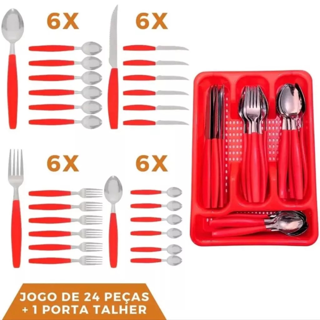 Jogo De Talheres Inox Com 24 Peças + Suporte Gaveteiro
