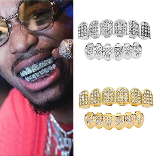 Acessório De Dente Banhado Ouro Prata Cravejado Diamante Brilhante - Suspensório Hip-Hop Trap Topo Superior E Inferior