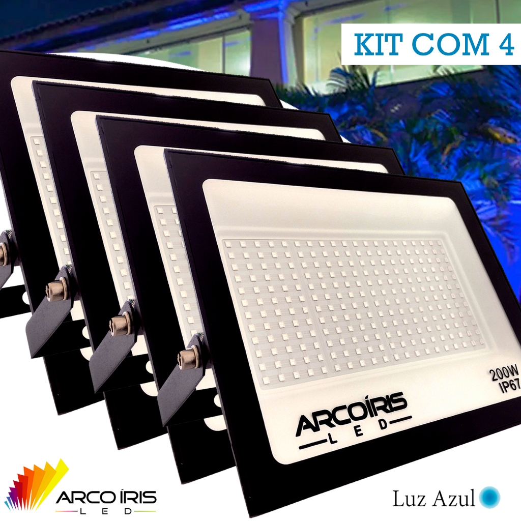 Kit 4 Refletor Led 200w Luz Azul Holofote Prova Dagua Campo E Quadra ...